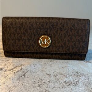 Michael Kors Brown Signature MK Continental Wallet with Gold Logo